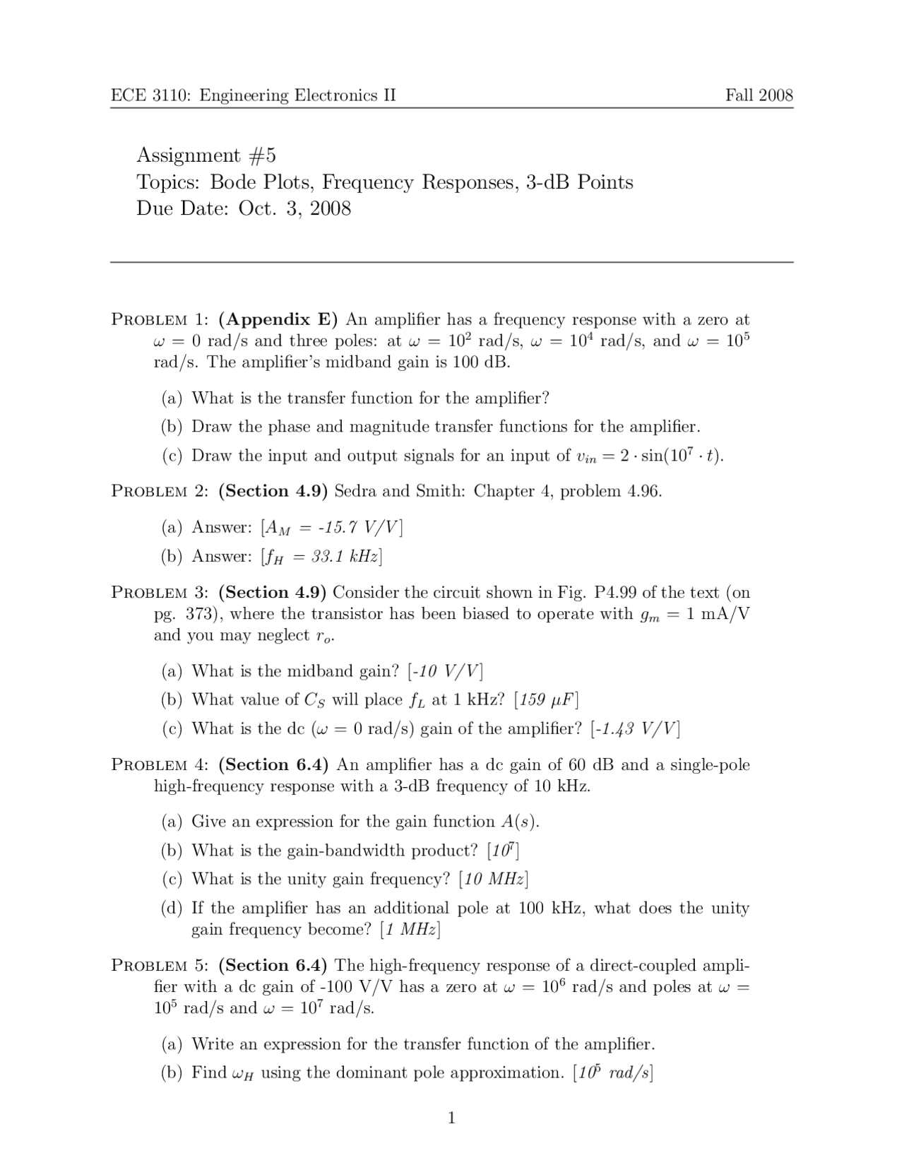 Assignment 5 on Bode Plots, Frequency Responses, 3-dB Points | ECE 3110 ...