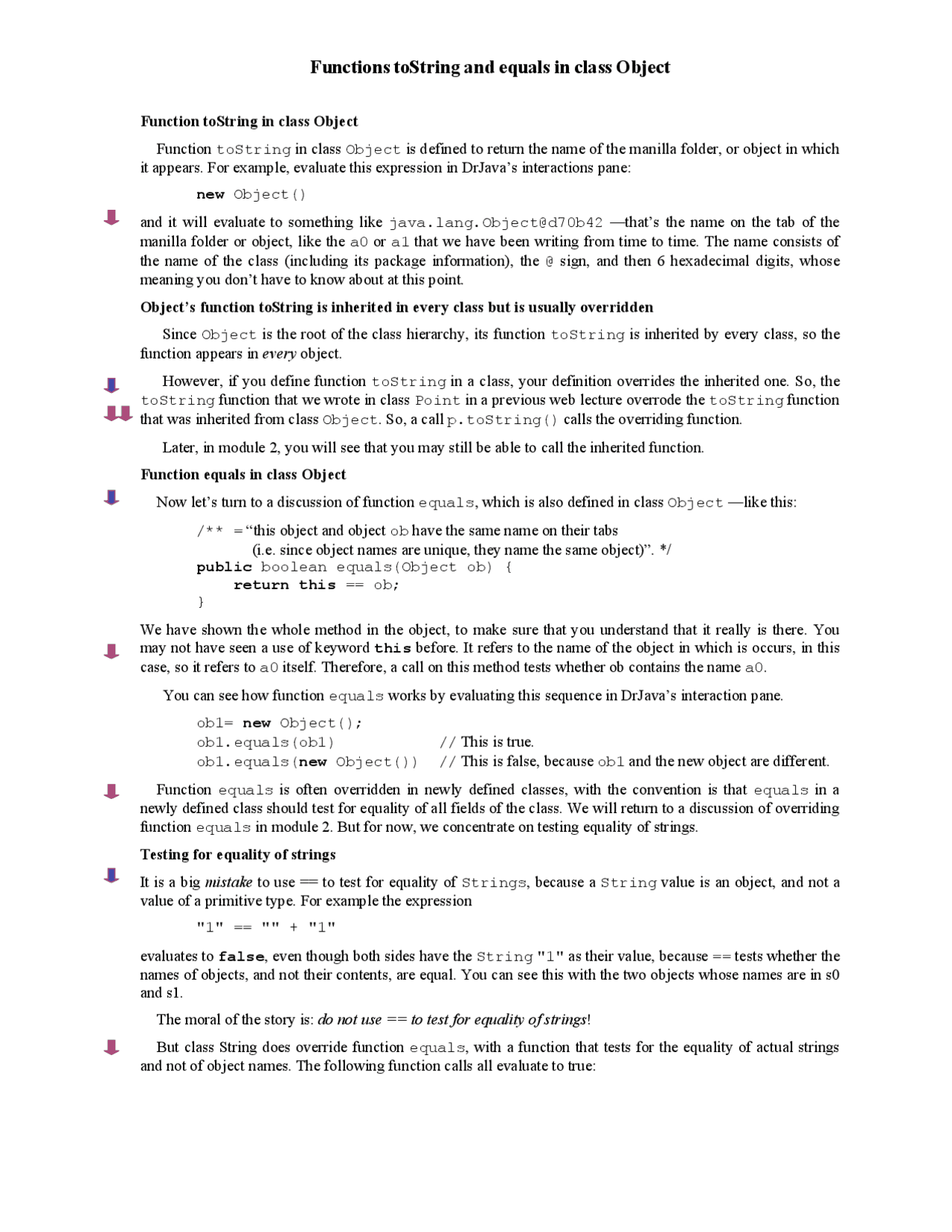 Function to String and Equals in Class Object - Notes | CS 1130 - Docsity
