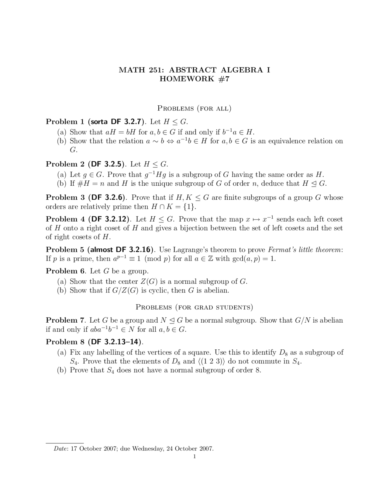 Homework 7 - Abstract Algebra I | MATH 251 - Docsity