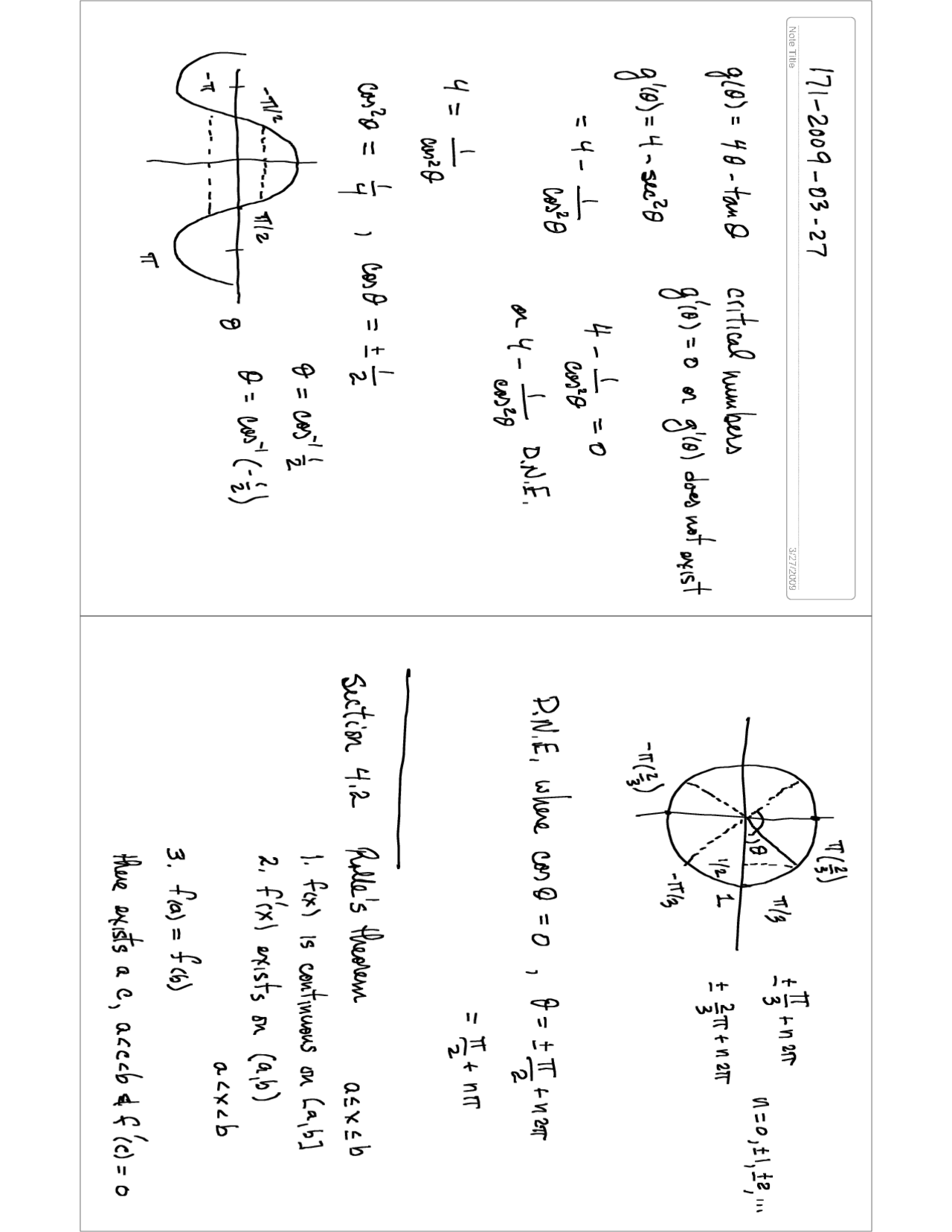 Handwritten Notes on Roll's Theorem - Calculus I | Math 171 - Docsity