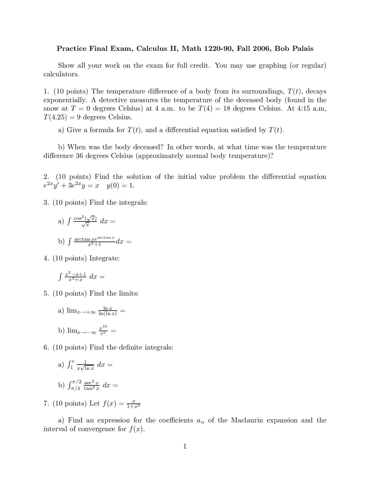 Calculus II - Final Exam - Fall 2006 | MATH 1220 | Exams Calculus | Docsity