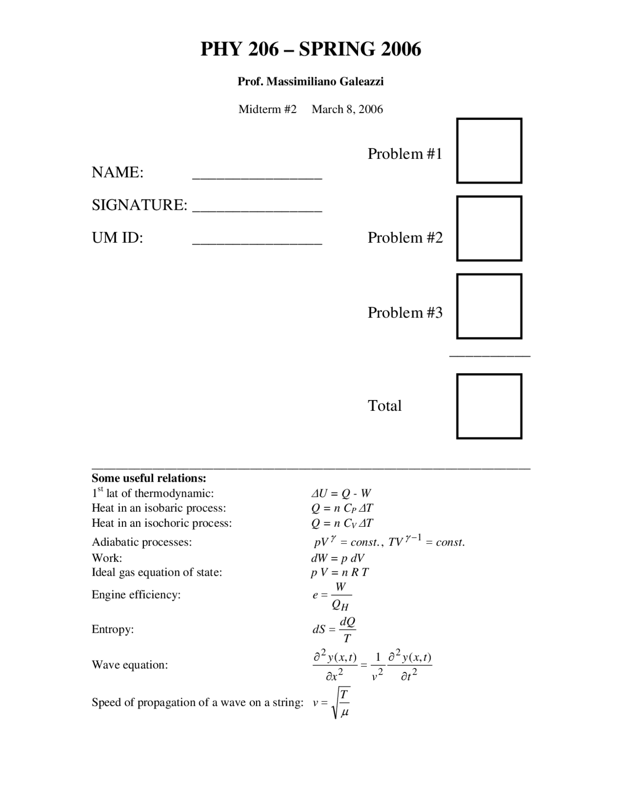 Practice Problems for Midterm Exam 2 - Discussion Section | PHY 206 ...