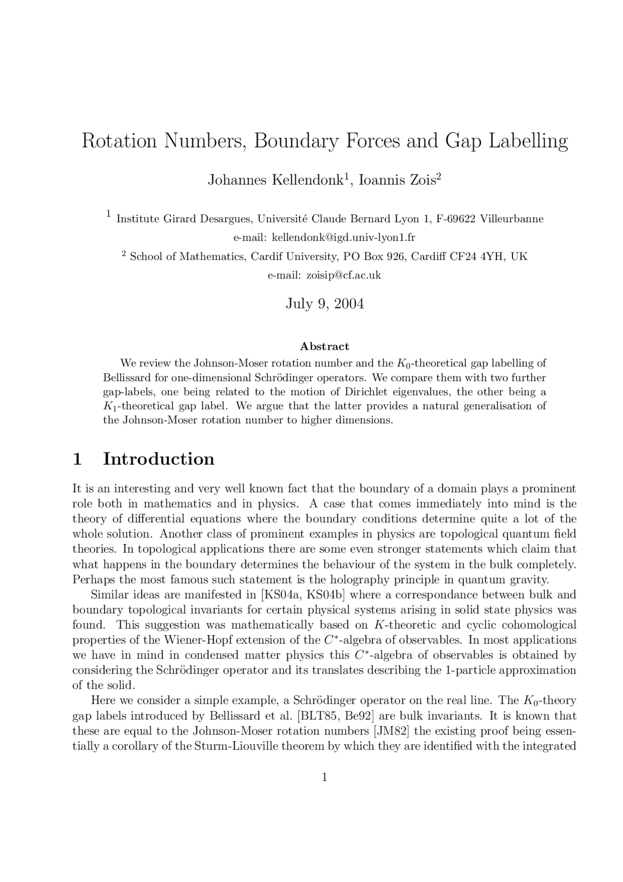 Rotation Numbers Rotation Numbers , Boundary Forces and Gap Labelling | N 1 - Docsity