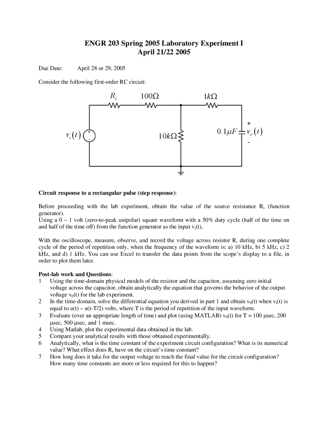 Electrical Fundamentals III - Lab Experiment 1 | ENGR 203 - Docsity