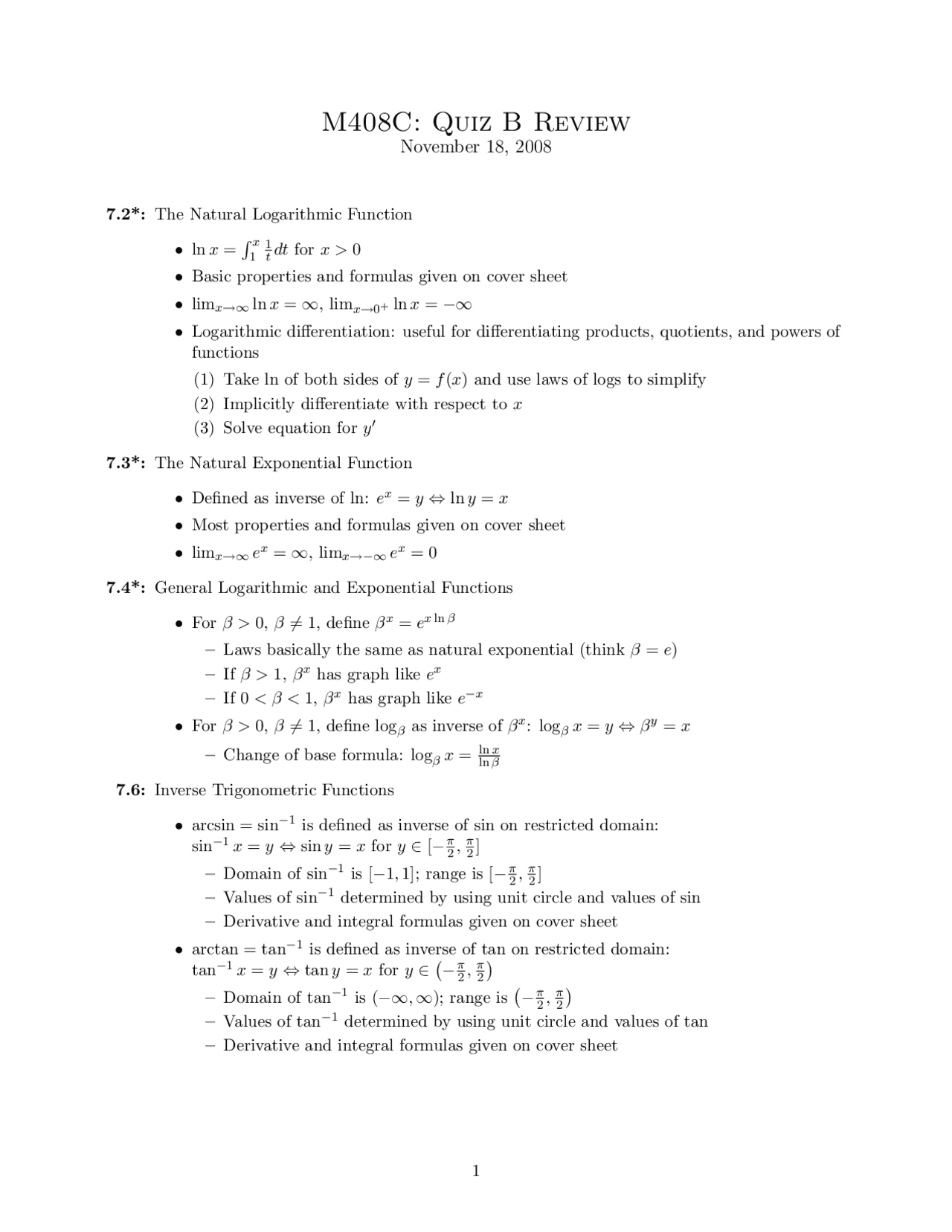 Quiz B Review for Differential and Integral Calculus I | M 408C | Study ...