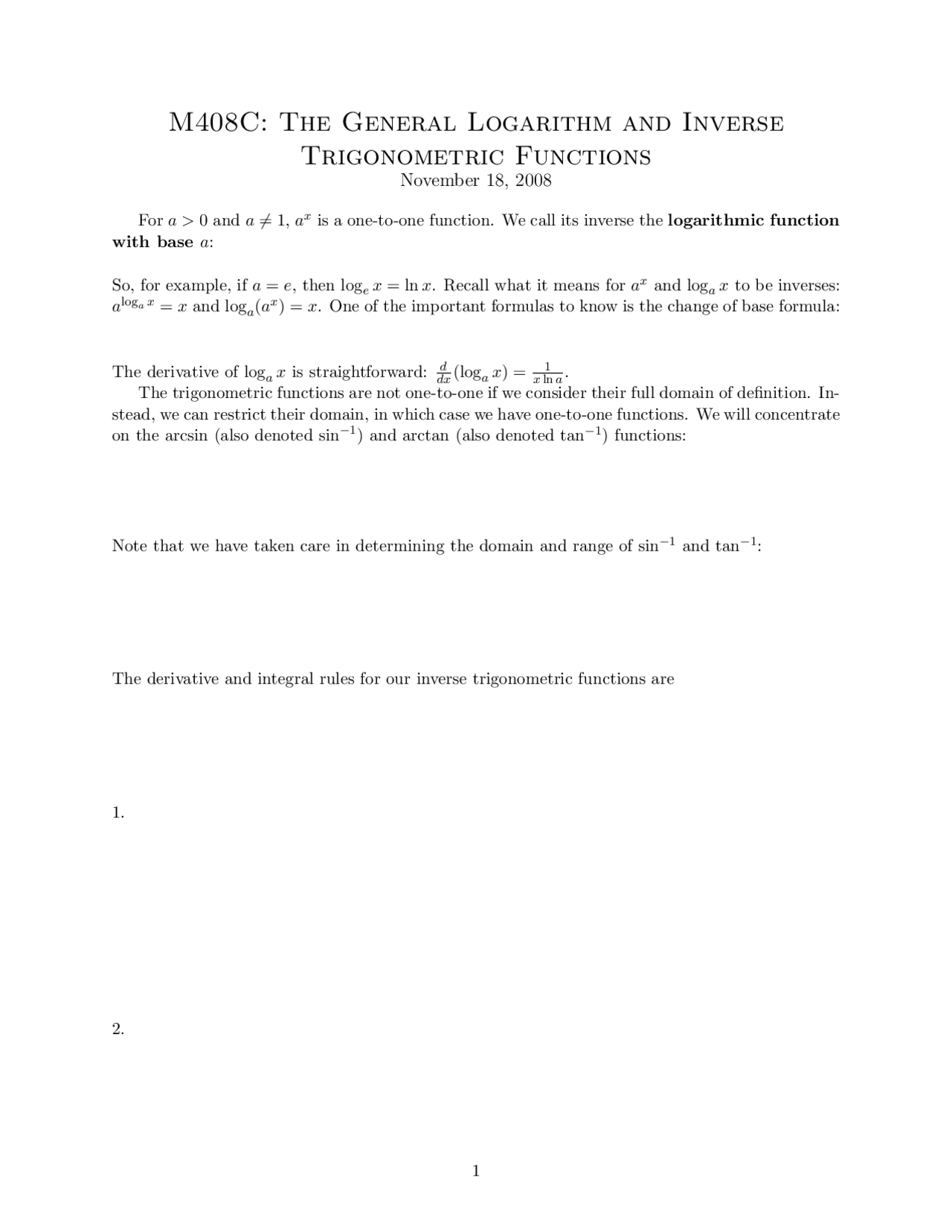 Trig Log Example The General Logarithm and Inverse Trigonometric Functions - Notes | M ...