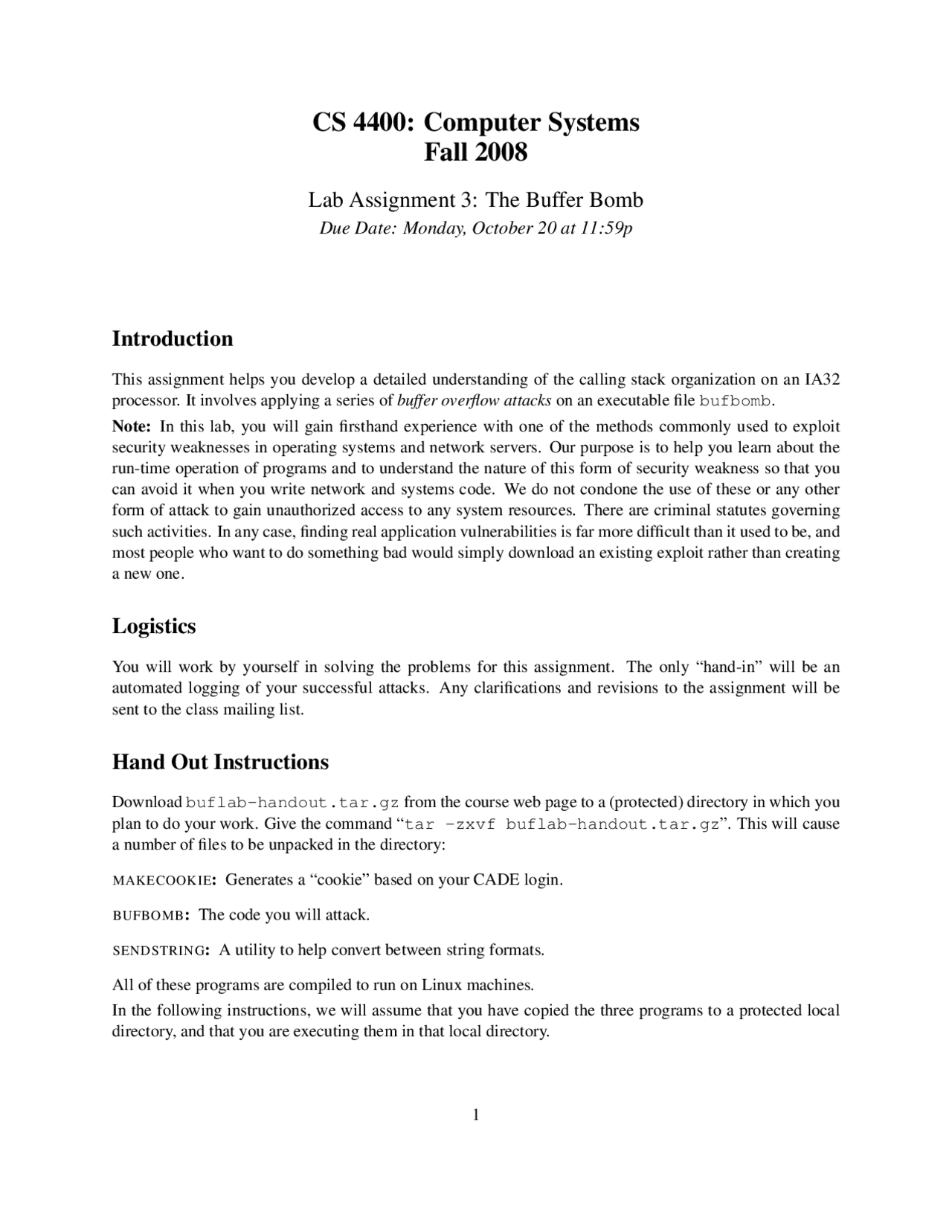 The Buffer Bomb - Laboratory Assignment 3 | CS 4400 - Docsity