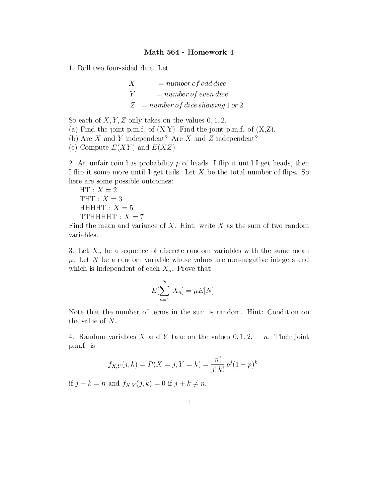 Questions on Theory of Probability - Homework IV | MATH 564 - Docsity