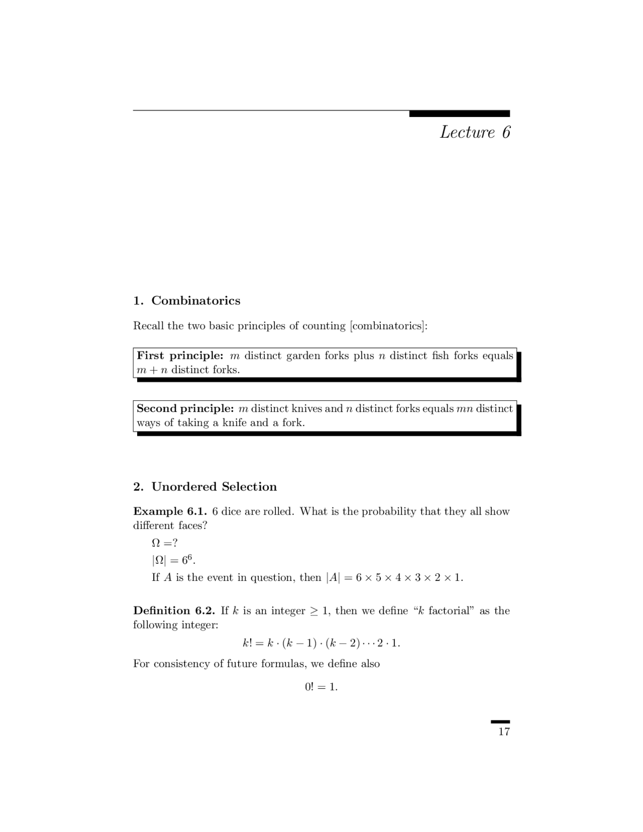 Combinatorics Unordered Selection Ordered Selection Math 5010 Docsity