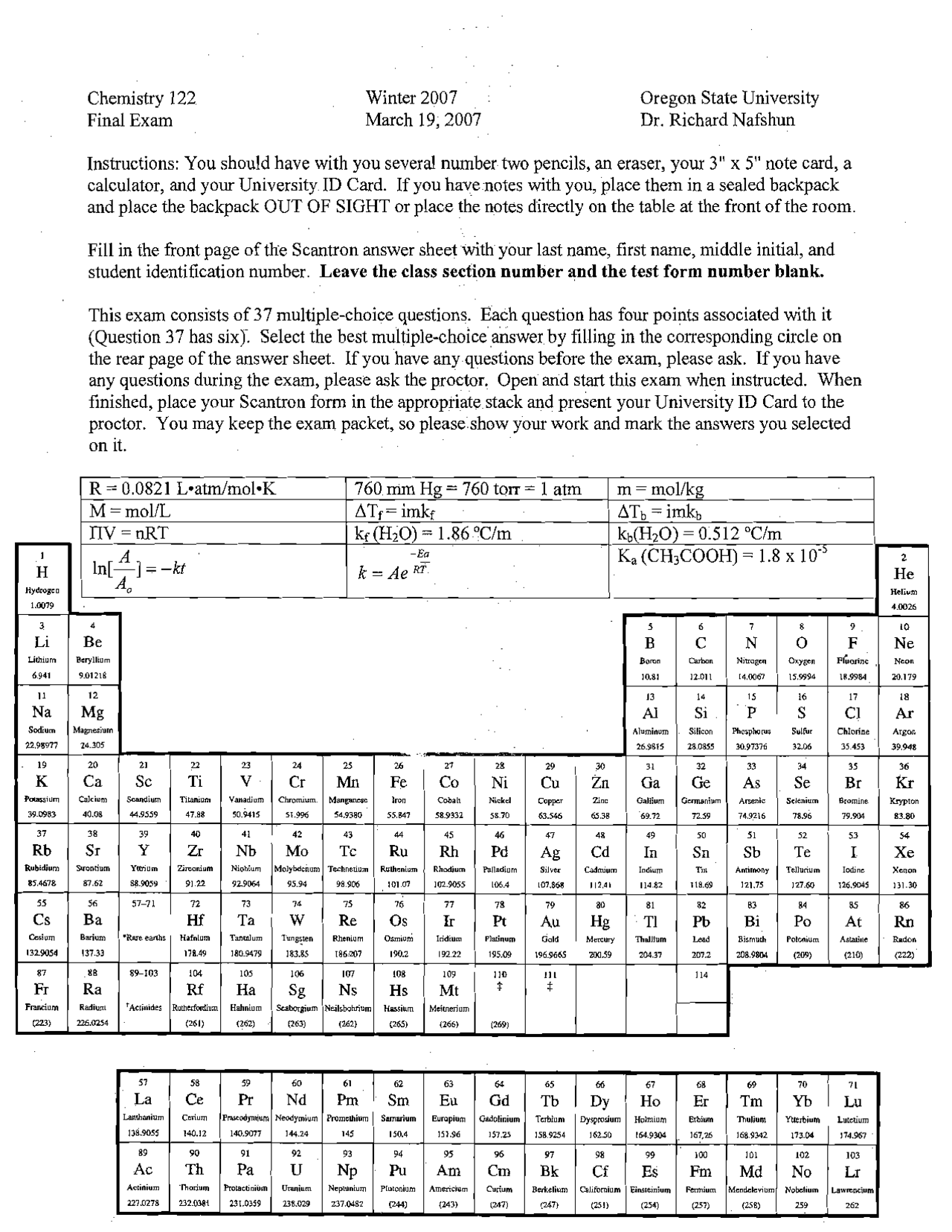 Final Exam with Answers - General Chemistry | CH 121 - Docsity