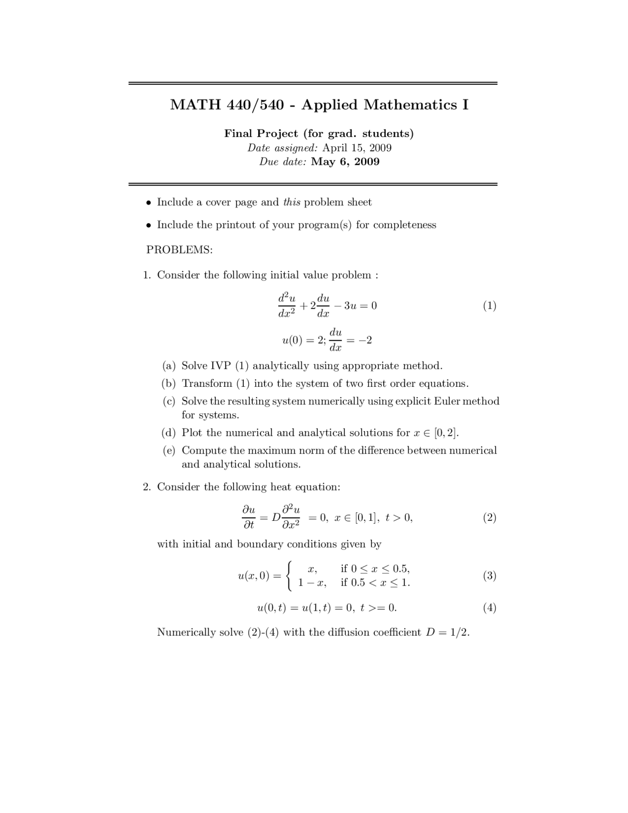Final Project Problems - Applied Mathematics I | Math 440 - Docsity
