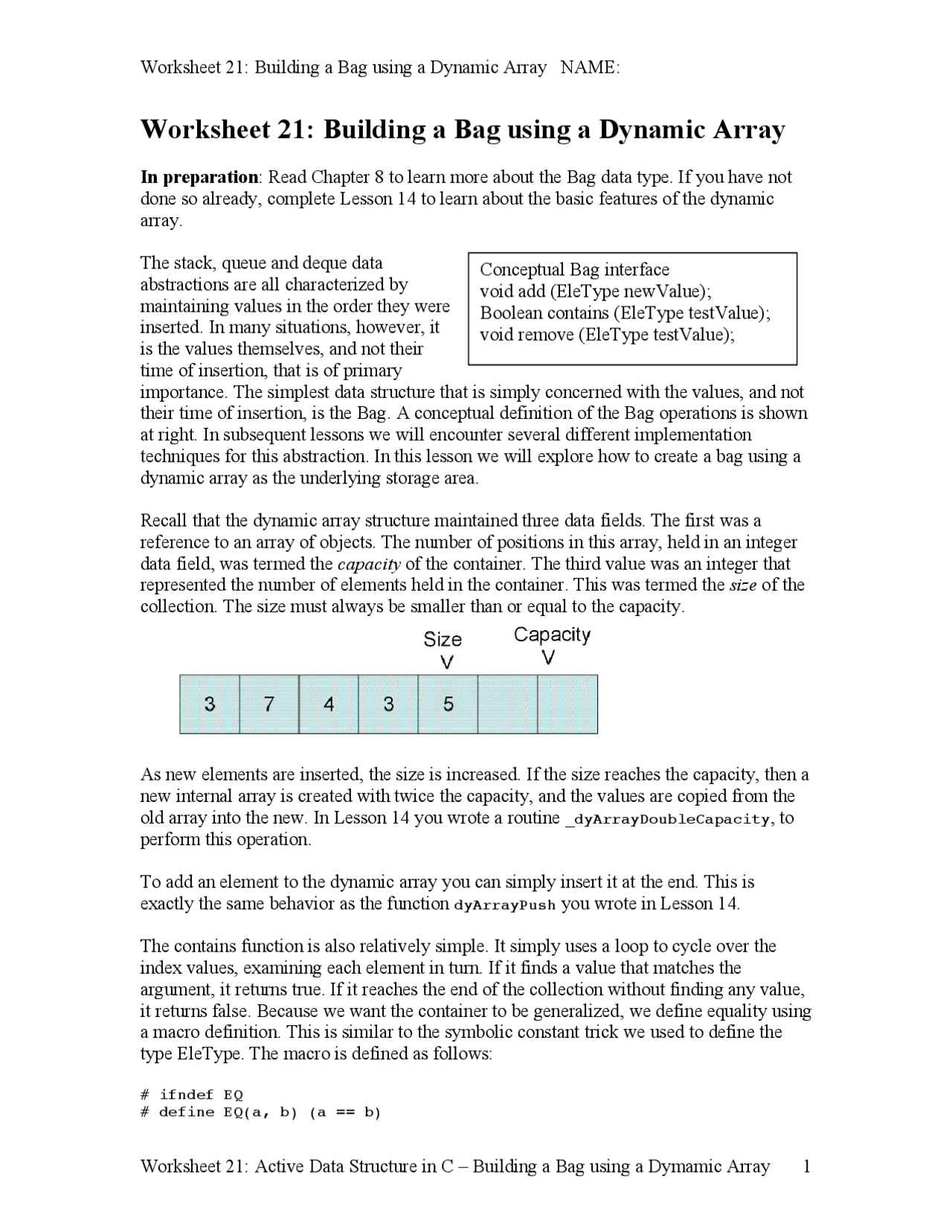 Building A Bag Using A Dynamic Array in Data Structures | CS 261 - Docsity