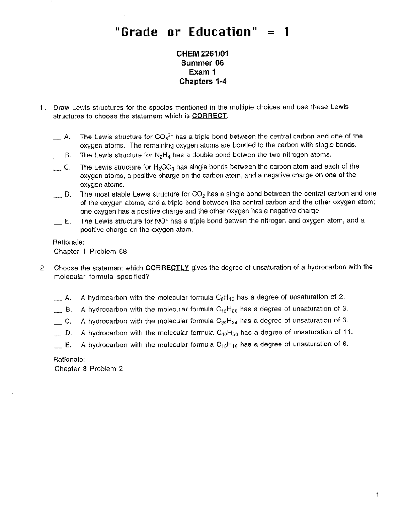 Exam 1 Practice Questions - Organic Chemistry | CHEM 2261 - Docsity