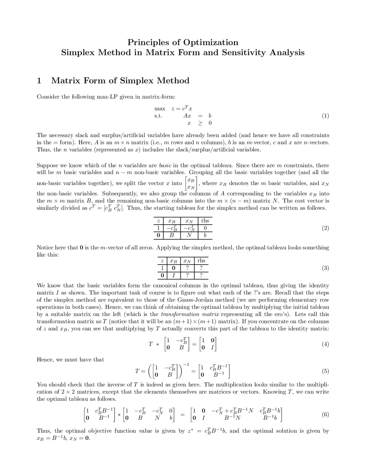 Simplex Matrix Method Matrix Form of Simplex Methods and the Sensitivity Analysis | Math 364 ...