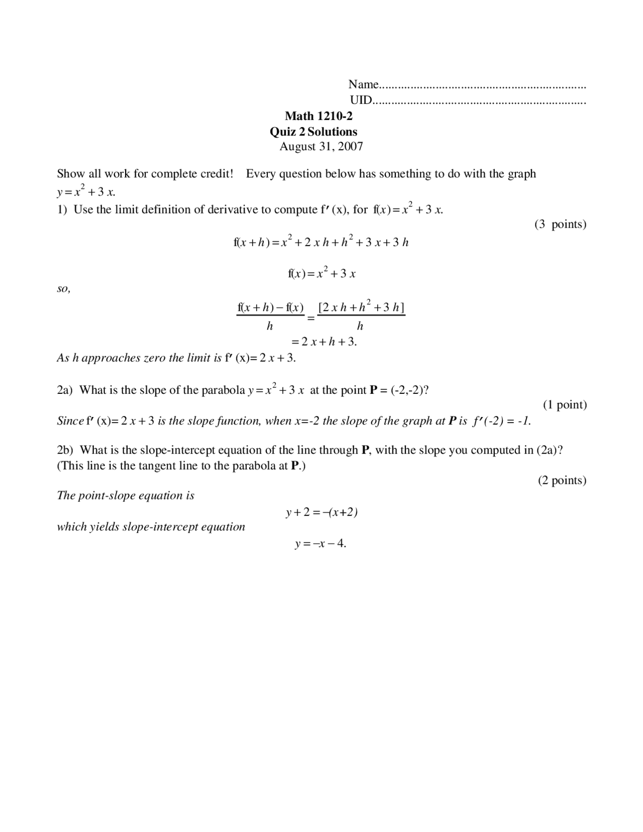 Sample Quiz 2 with Solutions - Calculus I | MATH 1210 - Docsity