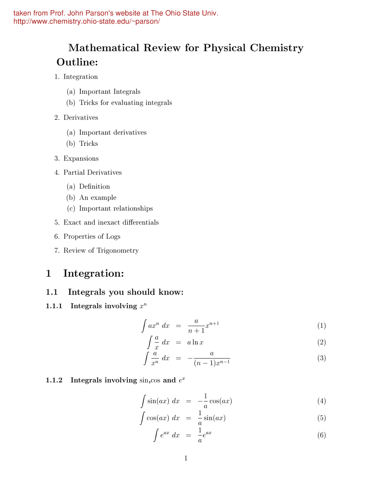 Mathematical Review - Physical Chemistry - Handout | Chem 331 - Docsity