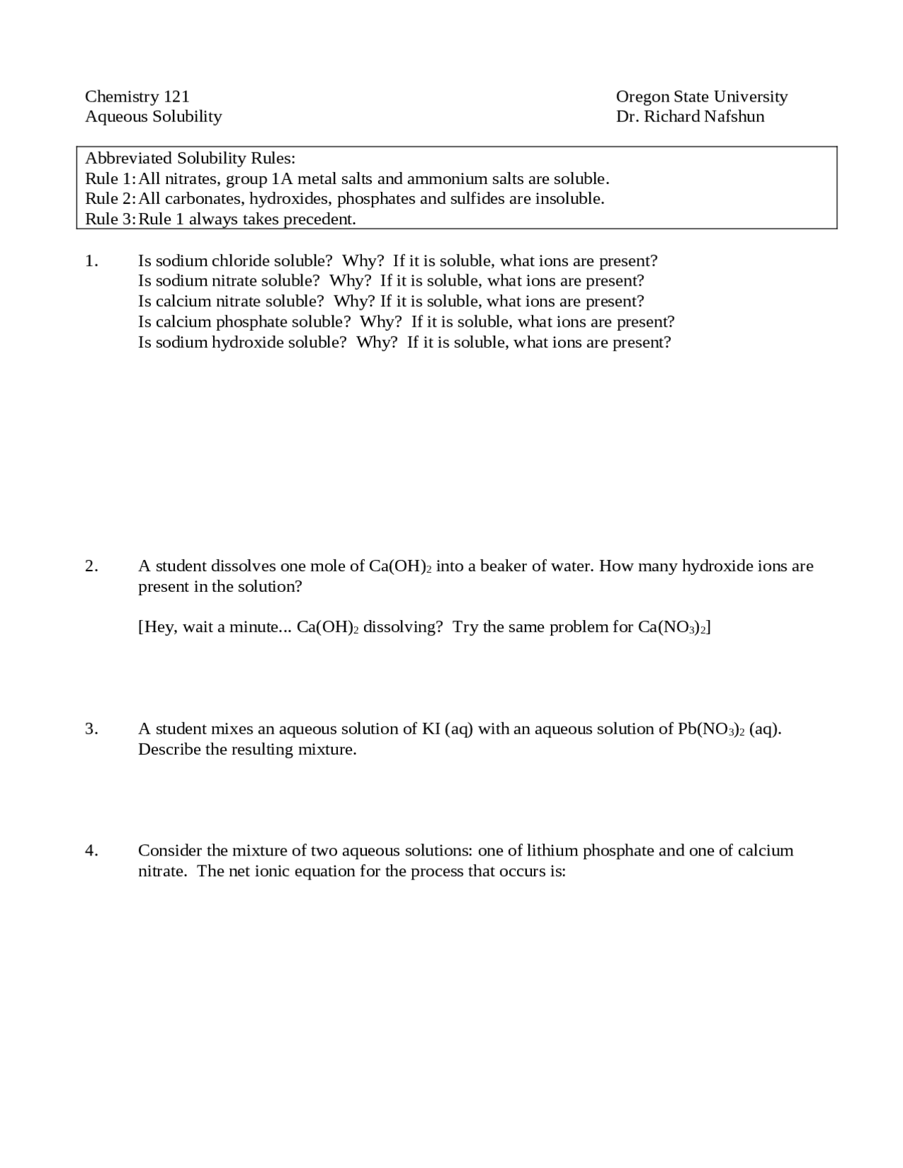 Aqueous Solubility Questions - General Chemistry | CH 121 - Docsity