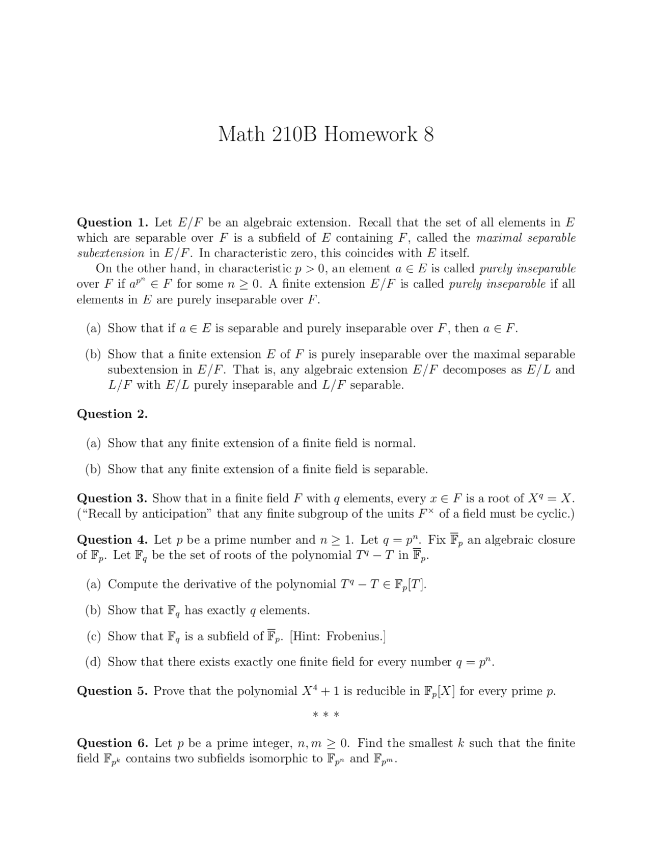 10 Questions On Algebra Homework 8 Math 210a Docsity