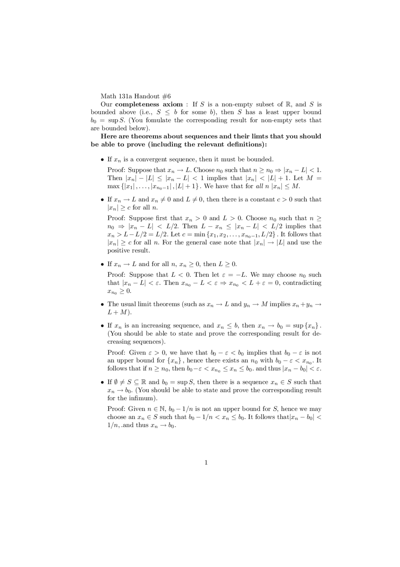 Alalysis Proof Math Handout 6 Questions on Analysis with Proof | MATH 131A - Docsity