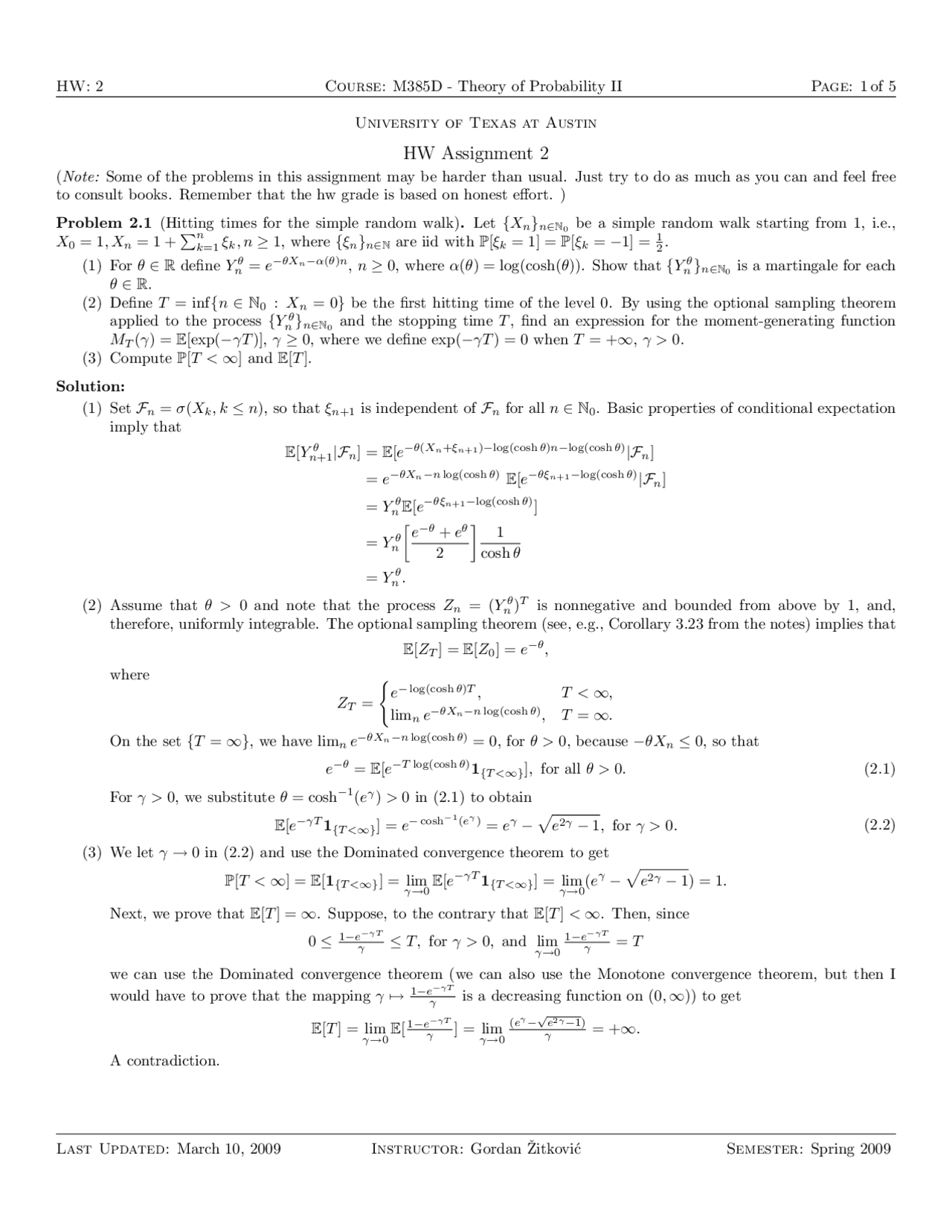 Assignment 2 for Theory of Probability II | F A 1 - Docsity