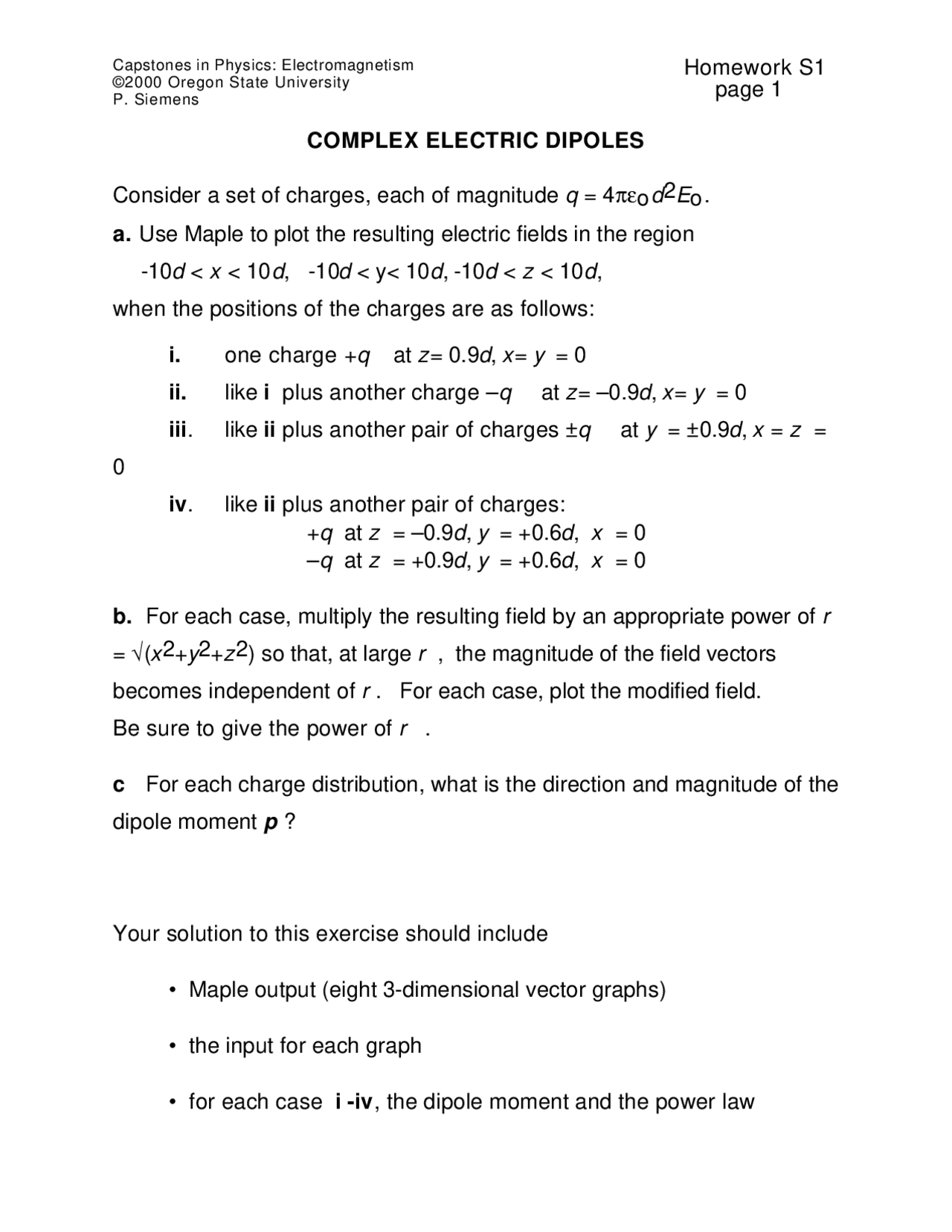 Complex Electric Dipoles - Homework S1 | PH 431 - Docsity