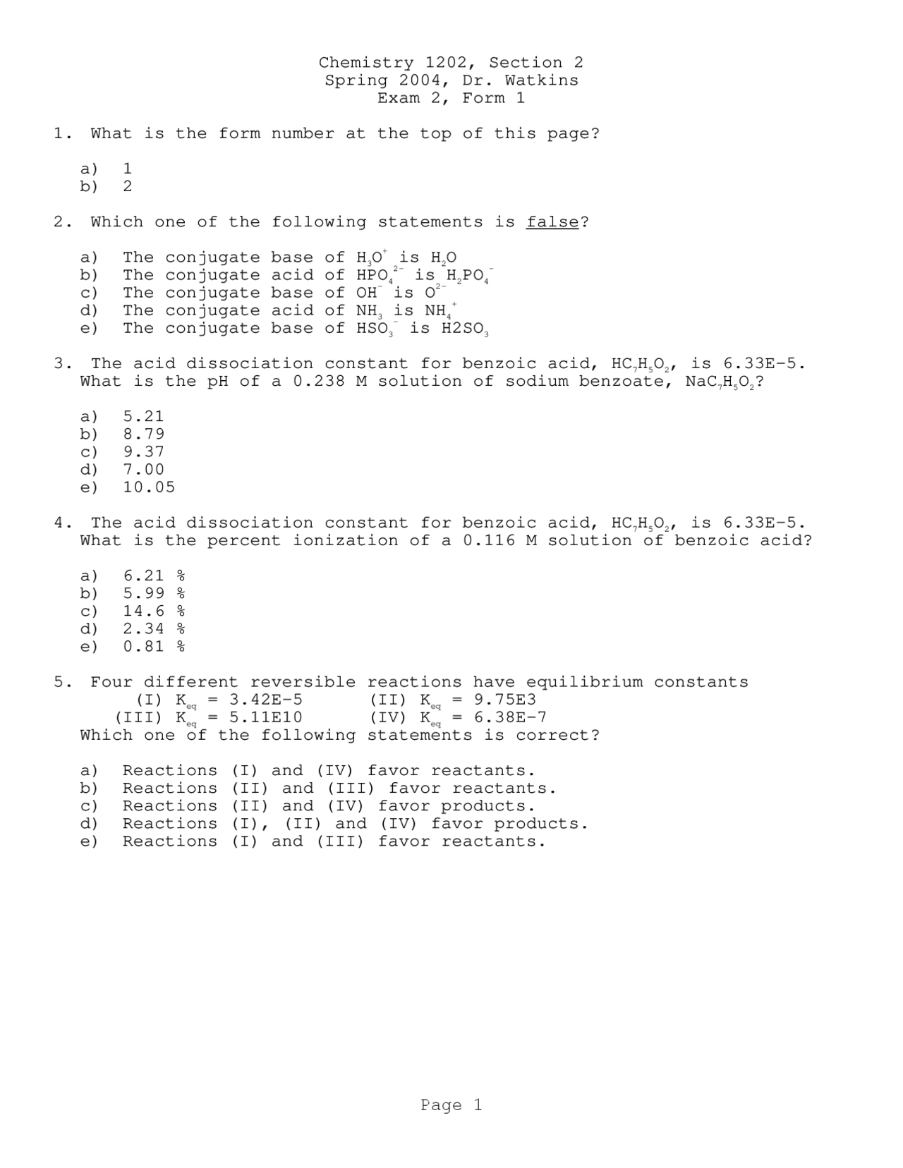 Practice Exam 2 - General Chemistry - Spring 2004 | CHEM 1202 - Docsity