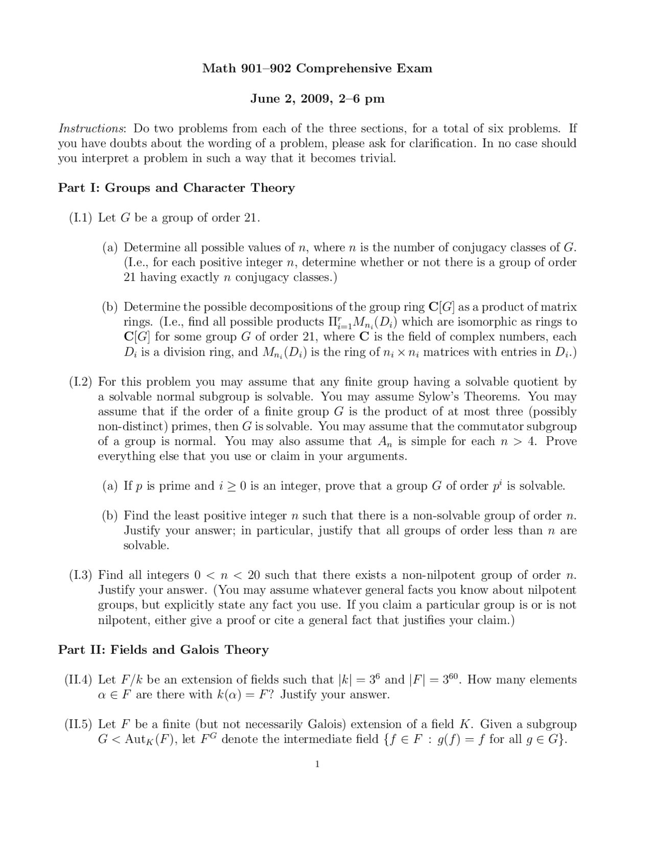 Practice Questions for Comprehensive Exam - Algebra I | MATH 901 - Docsity