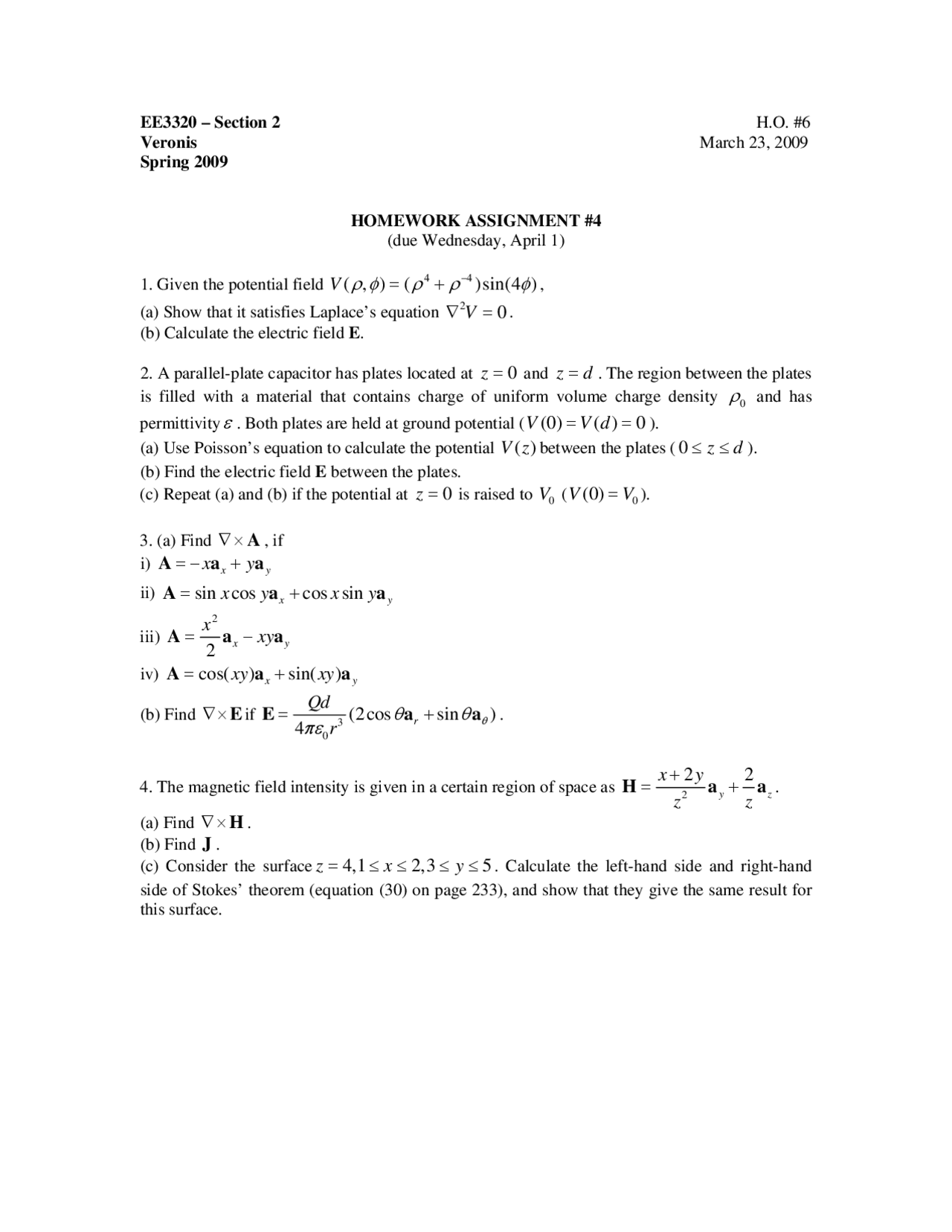 Questions On Electrical And Magnetic Fields Assignment 4 Ee 3320 Docsity