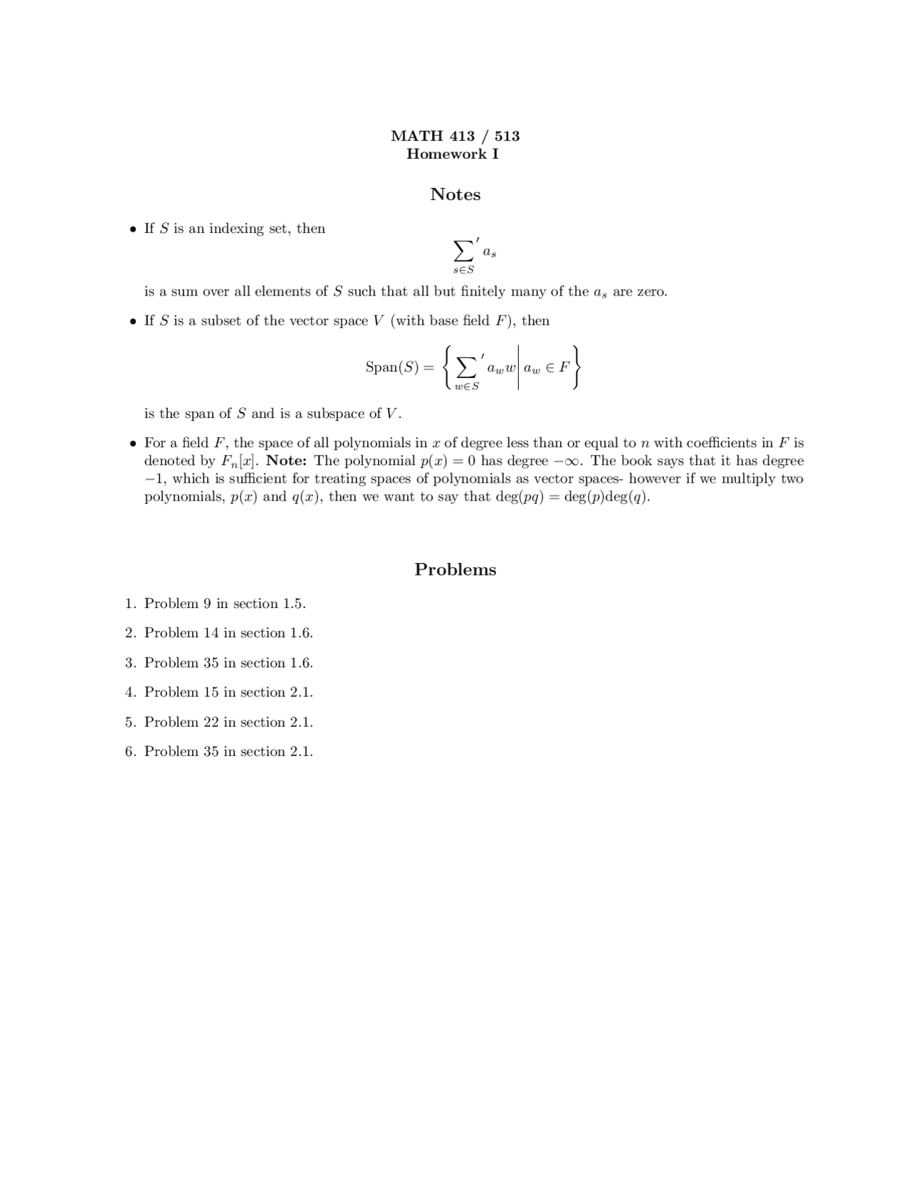 Homework One Problems - Linear Algebra | MATH 413 - Docsity