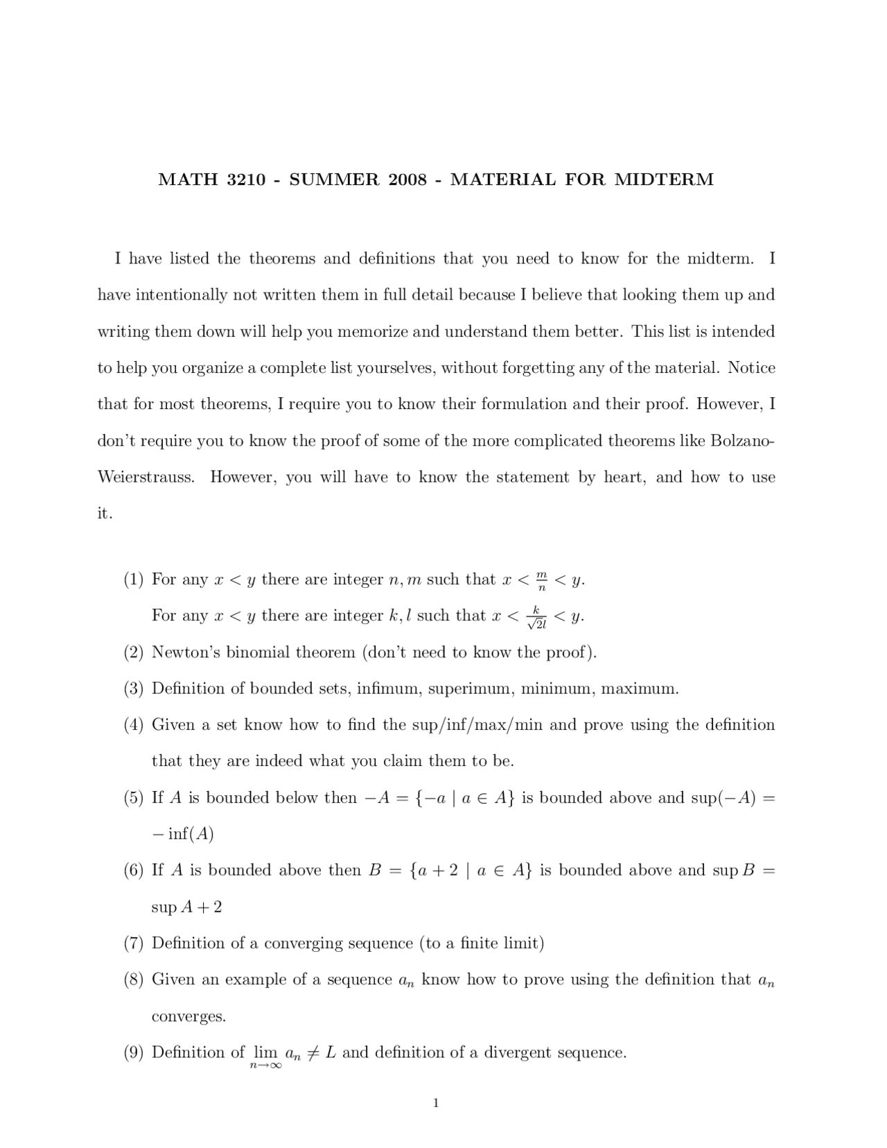 Material for Midterm Exam - Foundations of Analysis I | MATH 3210 ...