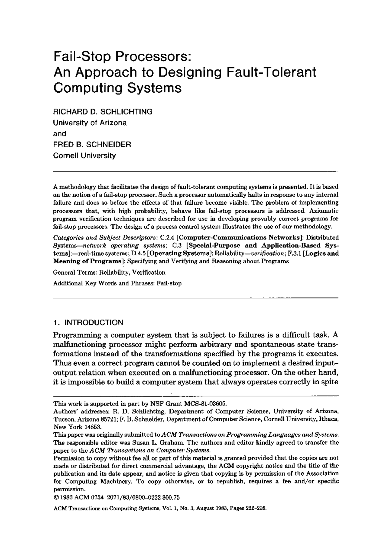 Fail-Stop Processors: An Approach to Designing Fault Tolerant Computing ...