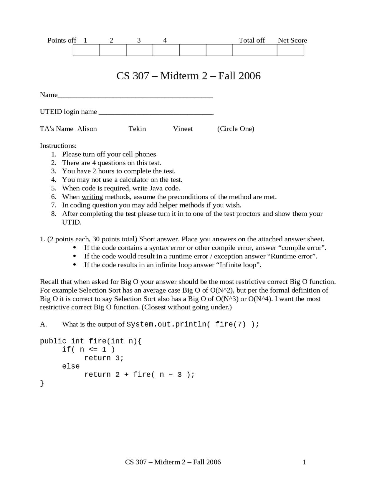 midterm cs306 - introduction to python | pdf |... Midterm Exam 2 with Answers - Foundations of Computer Science | C S 307 ...