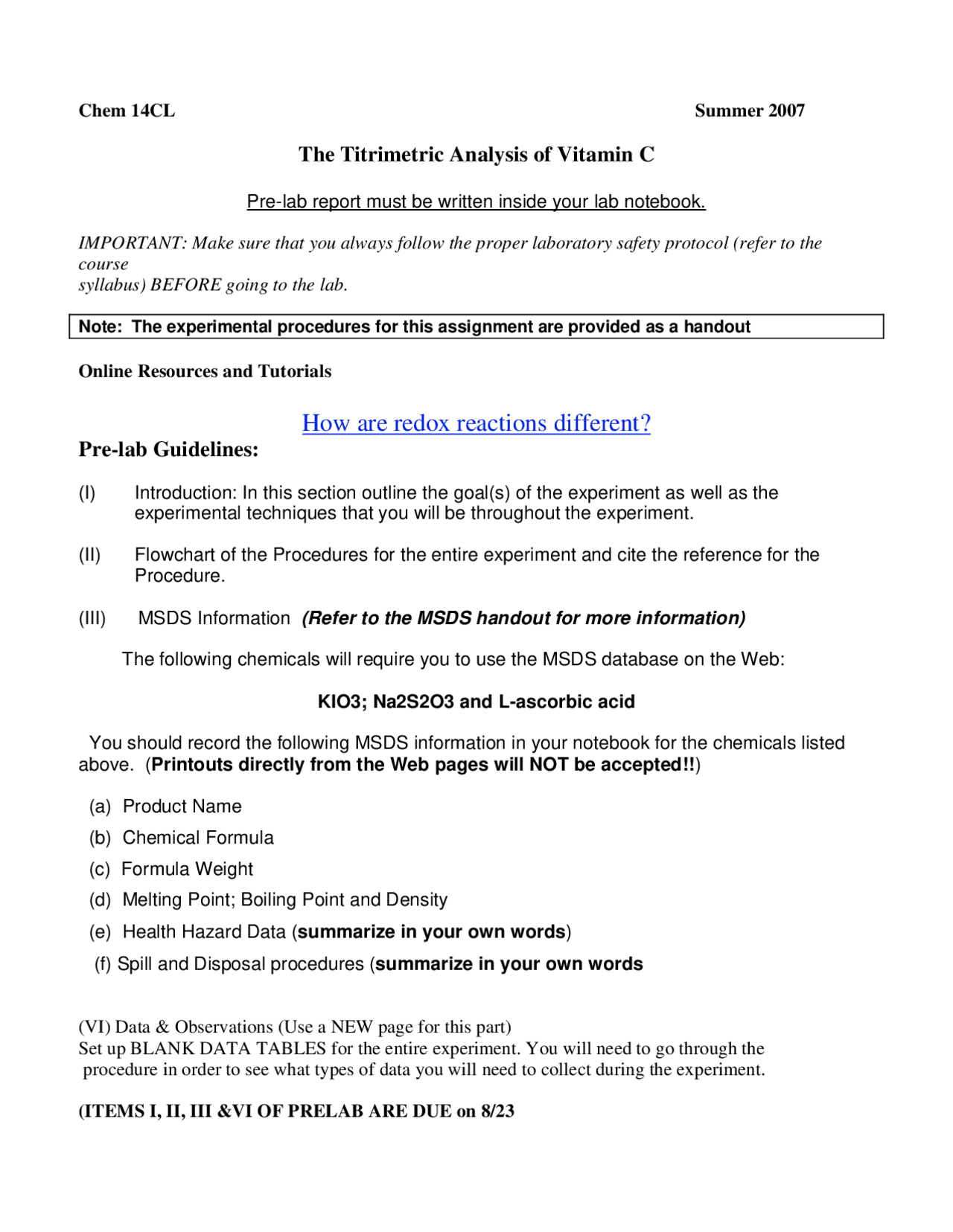 The Titrimetric Analysis of Vitamin C Lab Report CHEM 14CL Docsity