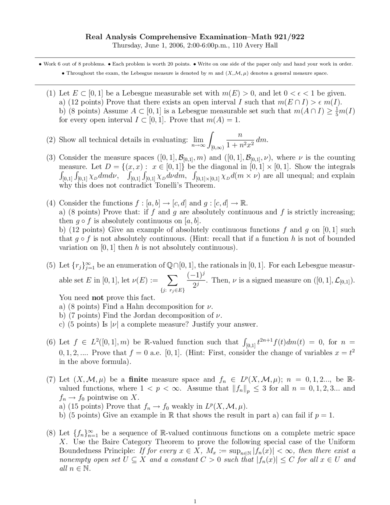 8 Questions for Exam - Real Analysis I | MATH 921 - Docsity
