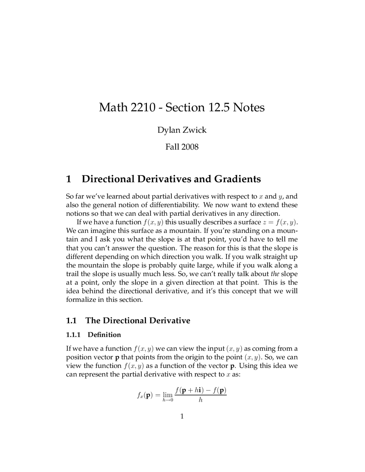 Directional Derivatives and Gradients - Lecture Notes | MATH 2210 - Docsity