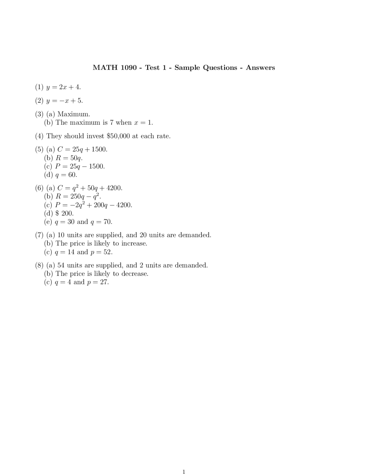 Sample Questions for Exam 1 - College Algebra Business | MATH 1090 ...