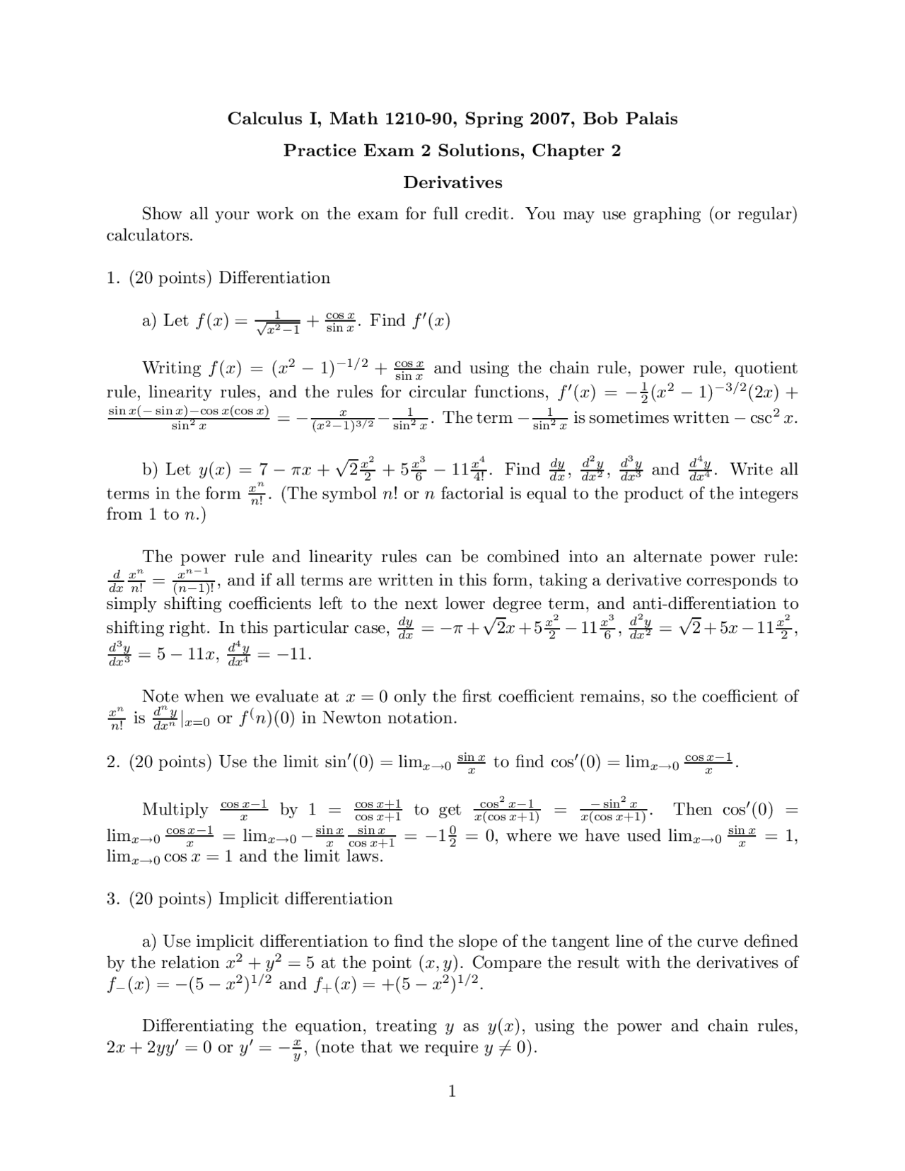 Practice Exam 2 Solutions – Derivatives | MATH 1210 - Docsity