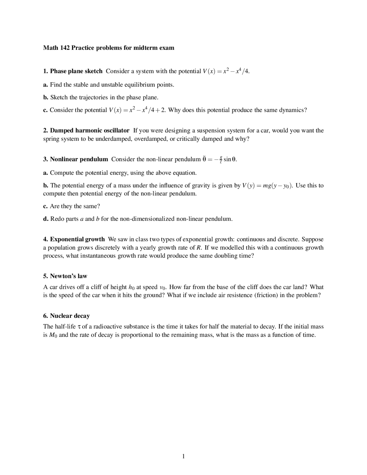 Damped Harmonic Oscillator and Pendulum Final Exam MATH 142 Exams Mathematics