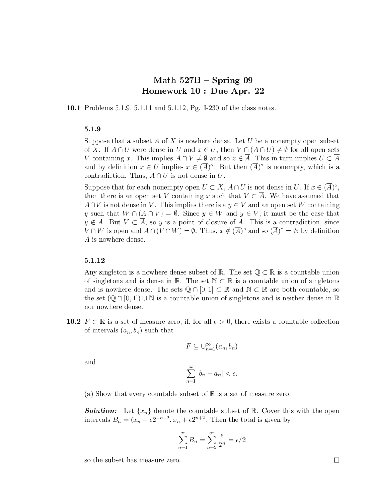 Analysis Problem Set Principles of Analysis - Problem Set 10 Solved | MATH 527A - Docsity
