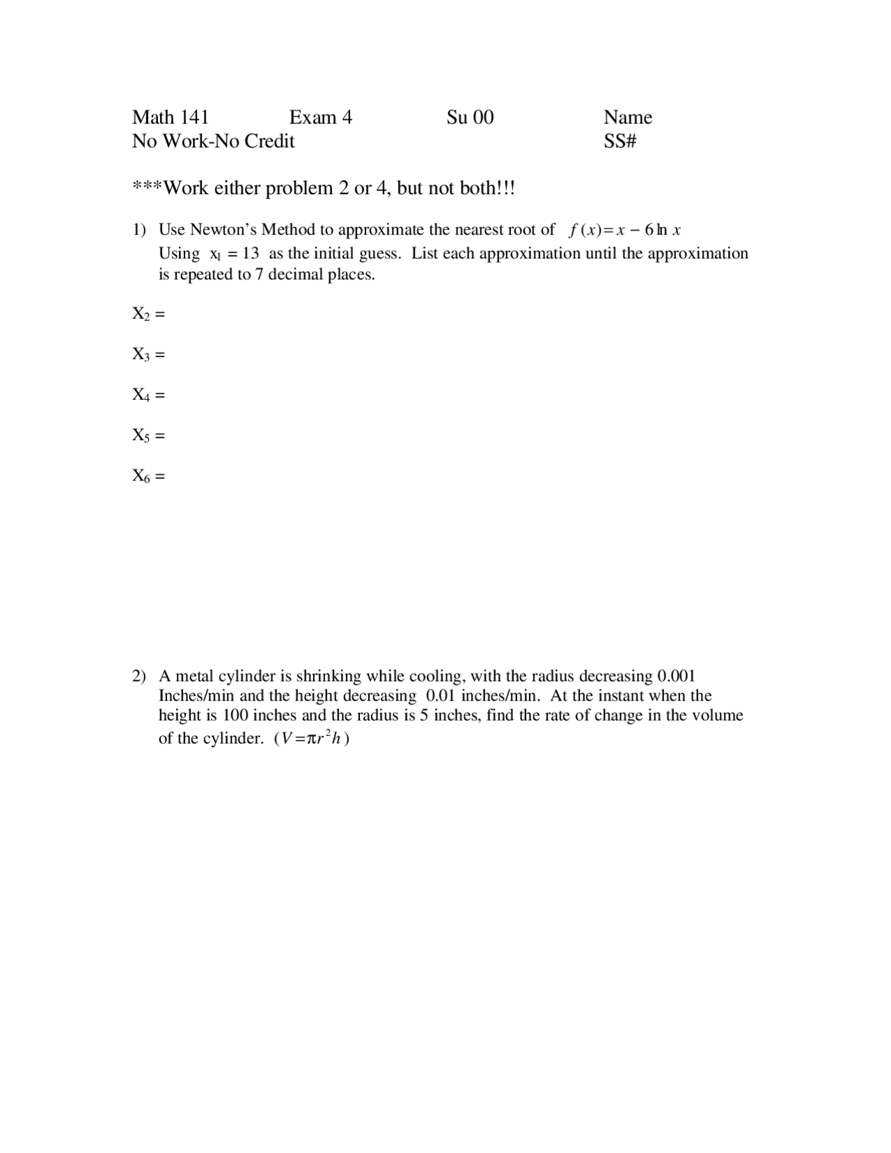 Exam 4 with 7 Questions - Calculus I | MATH 141 - Docsity