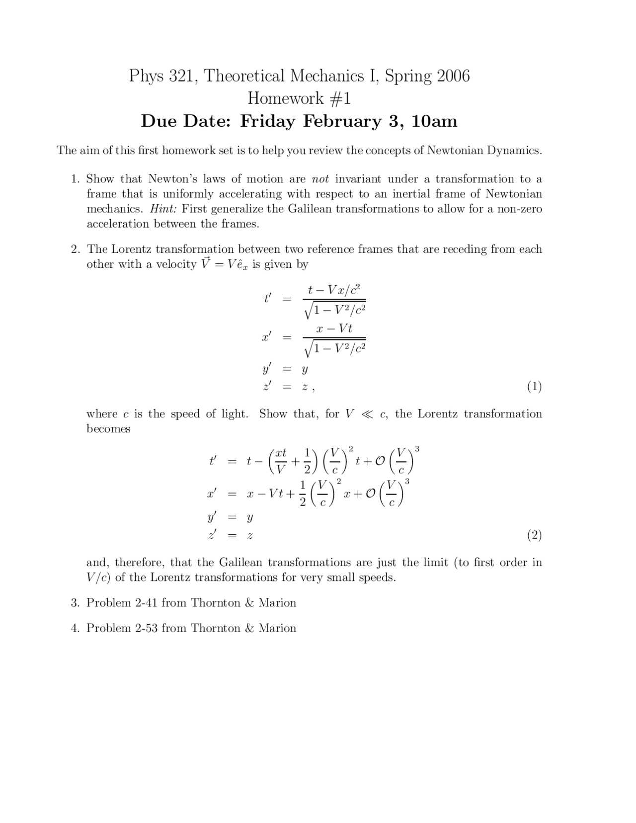 Problems on Theoretical Mechanics I - Problem Set One | PHYS 321 ...