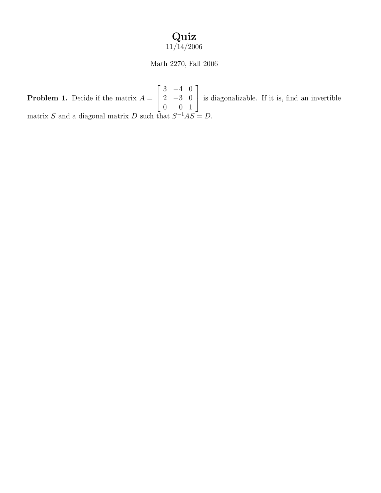 Quiz with Review Problems - Linear Algebra | MATH 2270 - Docsity