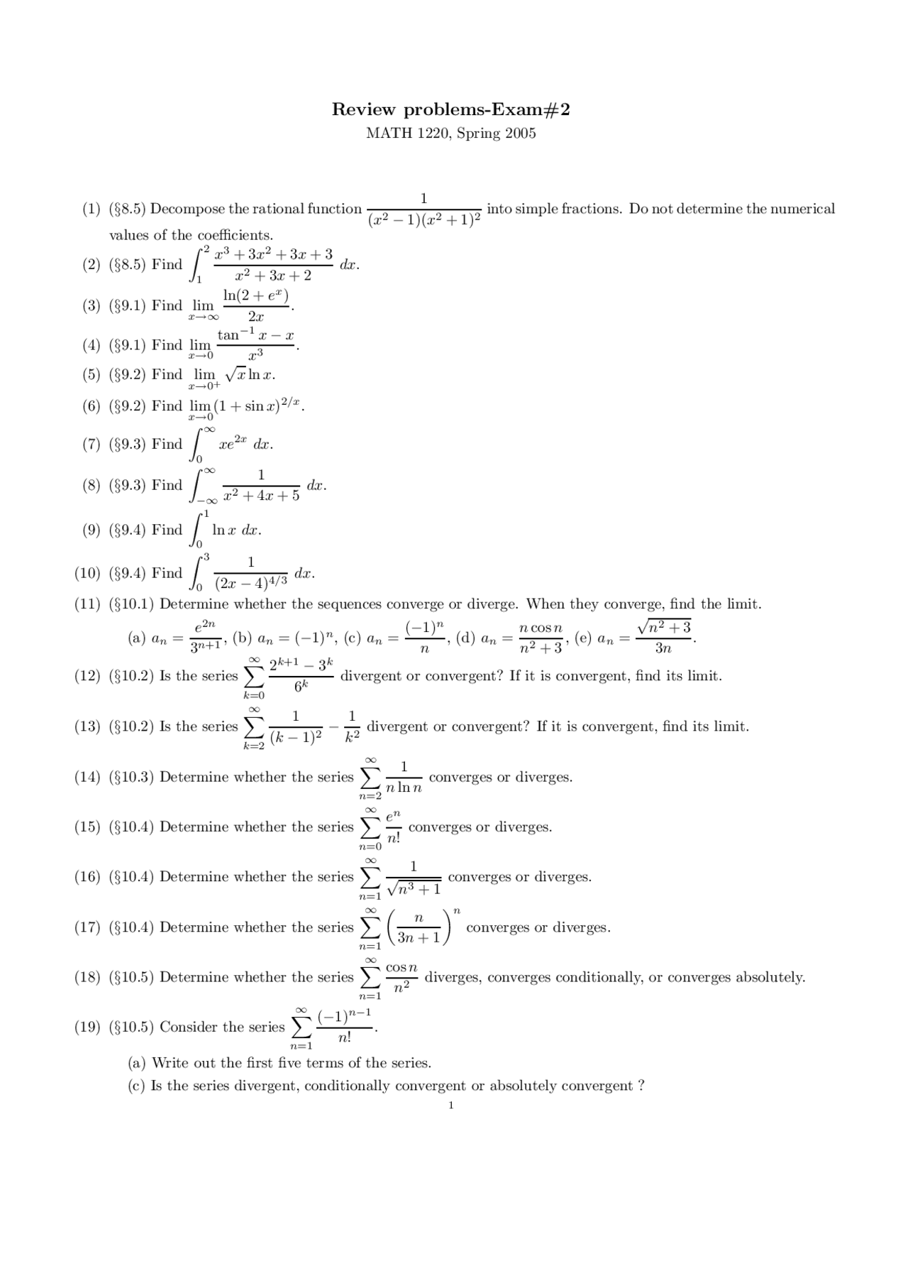 Exam #2 Review Problems - Calculus II | MATH 1220 - Docsity