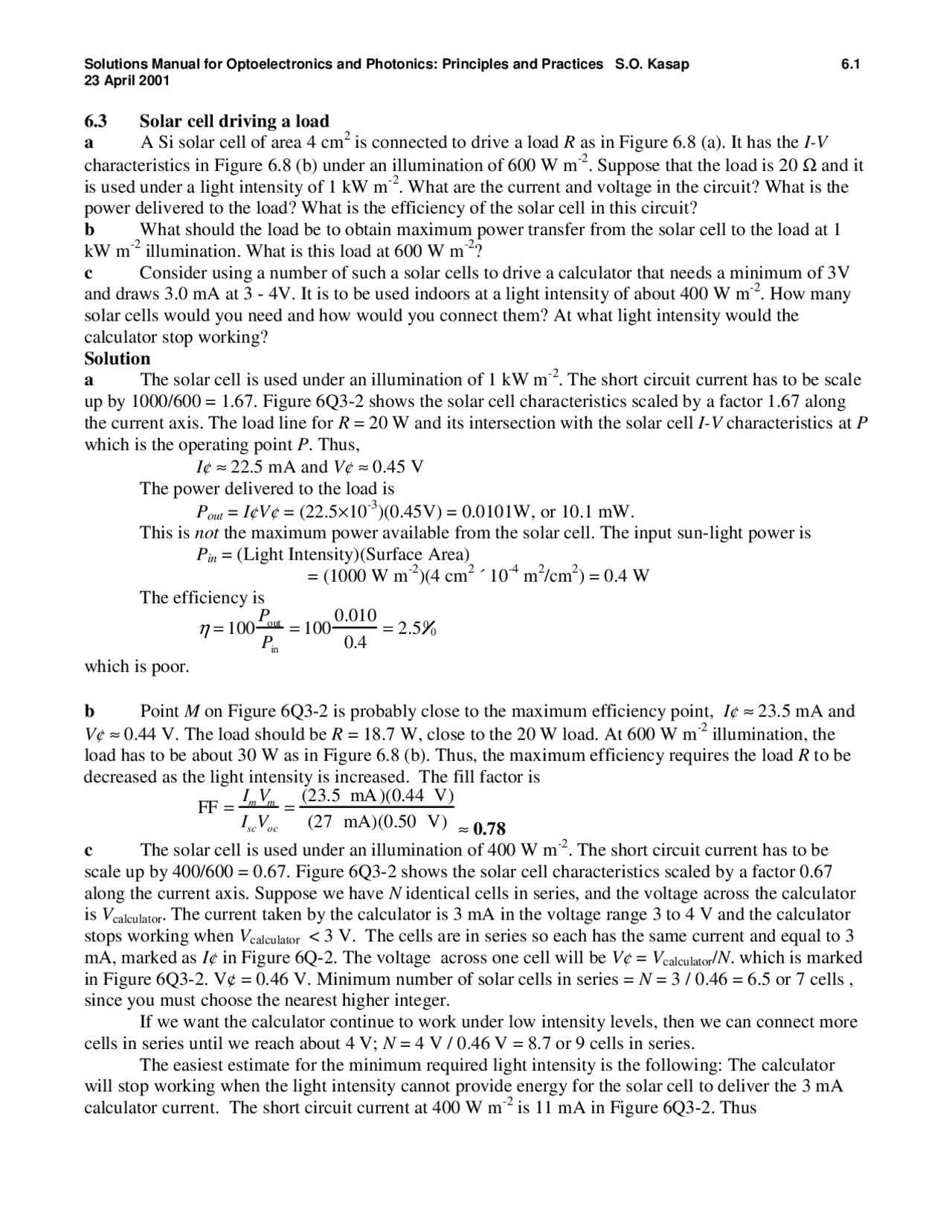 Solutions Manual for Optoelectronics and Photonics Principles and