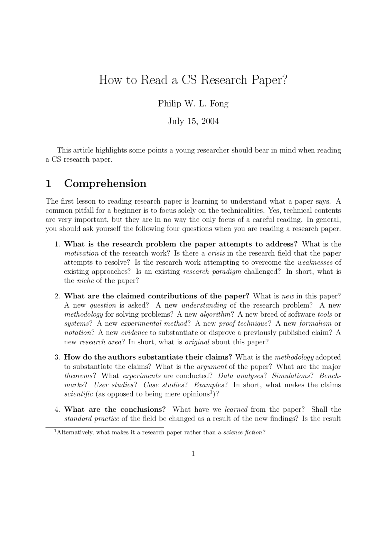 How to Read a CS Research Paper | CSCE 896 - Docsity