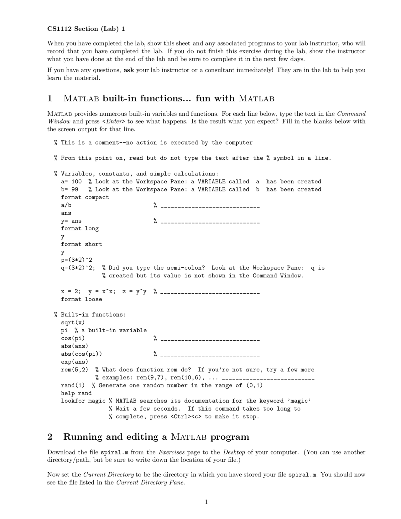 Matlab Fun Function MATLAB Built-in Functions - Fun with MATLAB - Lab #1 | CS 1112 - Docsity