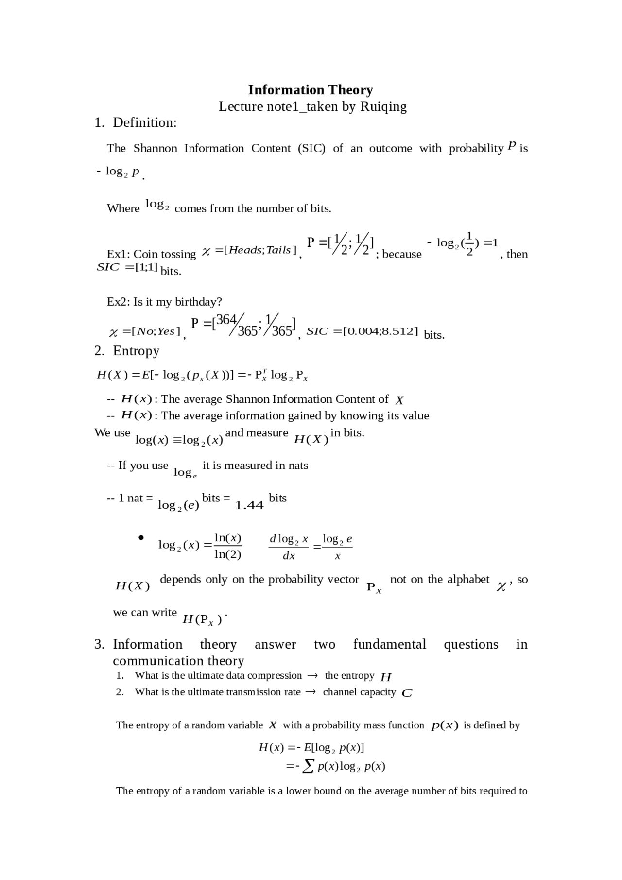 Lecture Notes on Information Theory | ECE 599 | Study notes Electrical ...