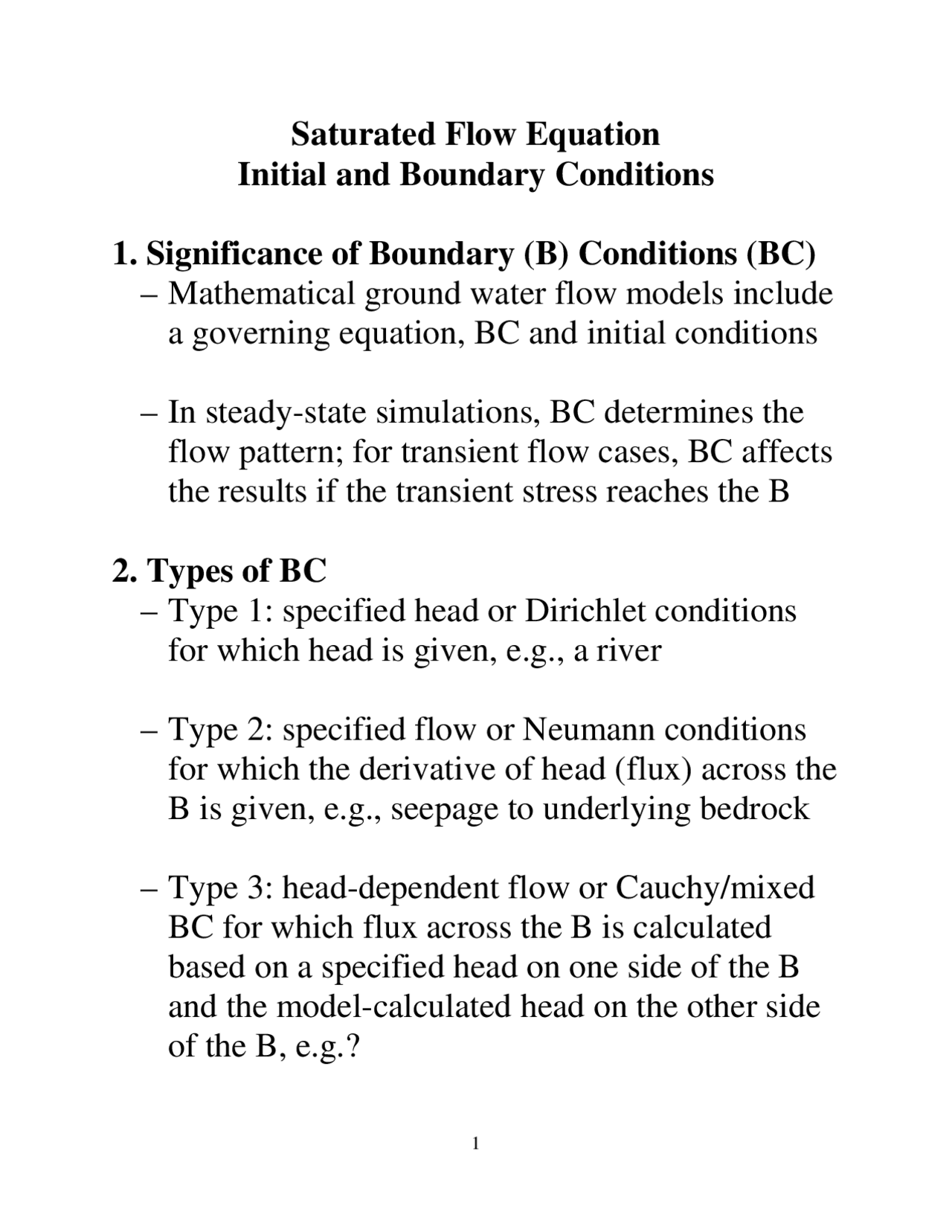 Notes on Saturated Flow Equation Initial and Boundary Conditions ...