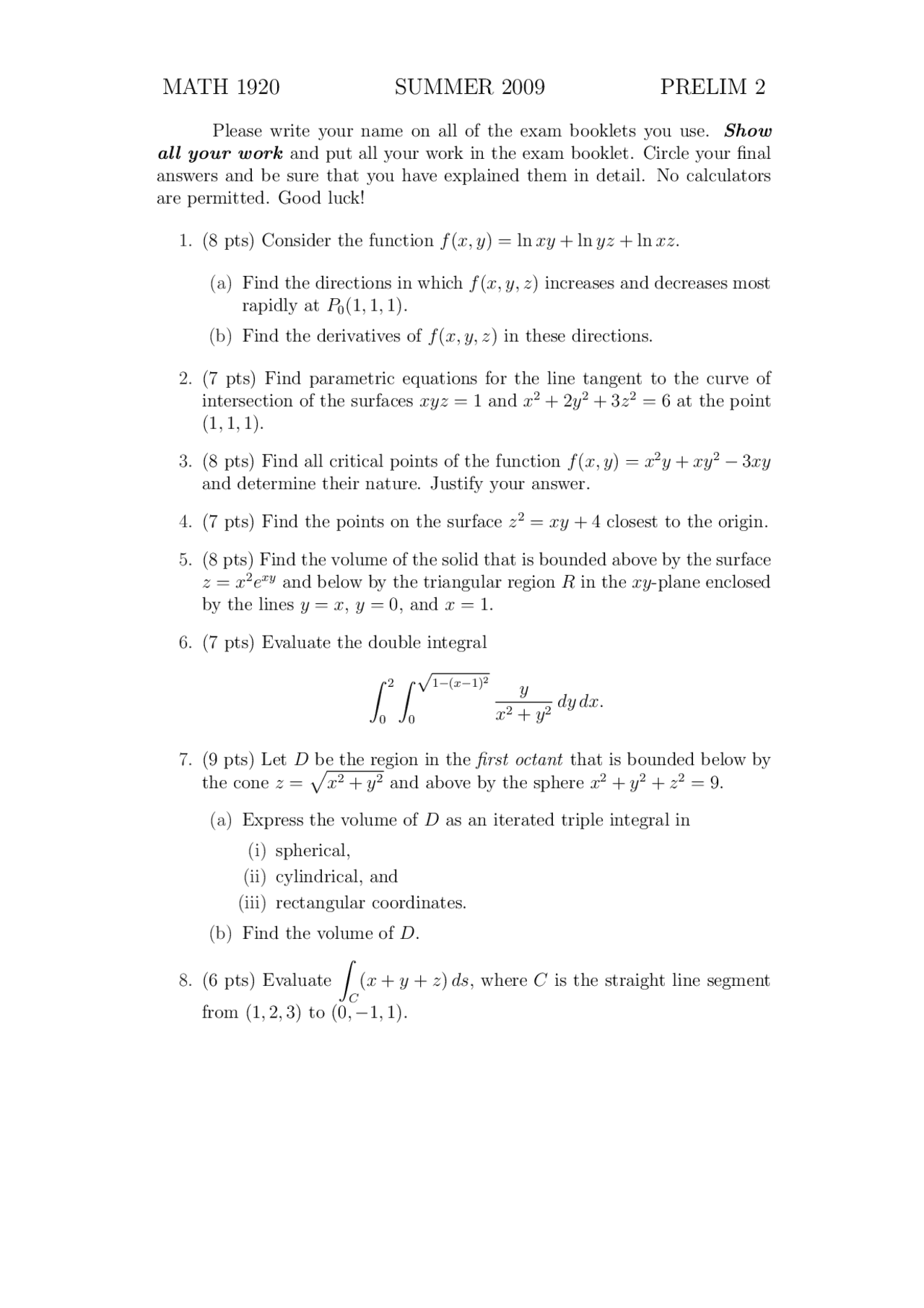 Multivariable Calculus Tests Multivariable Calculus Exam Paper | MATH 1920 - Docsity