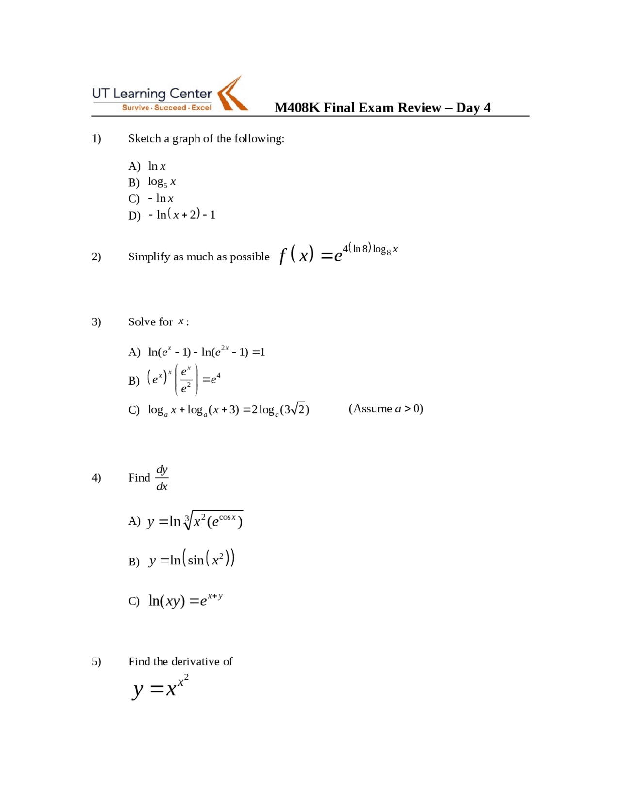 Differential Calculus Review Final Exam M 408k Docsity